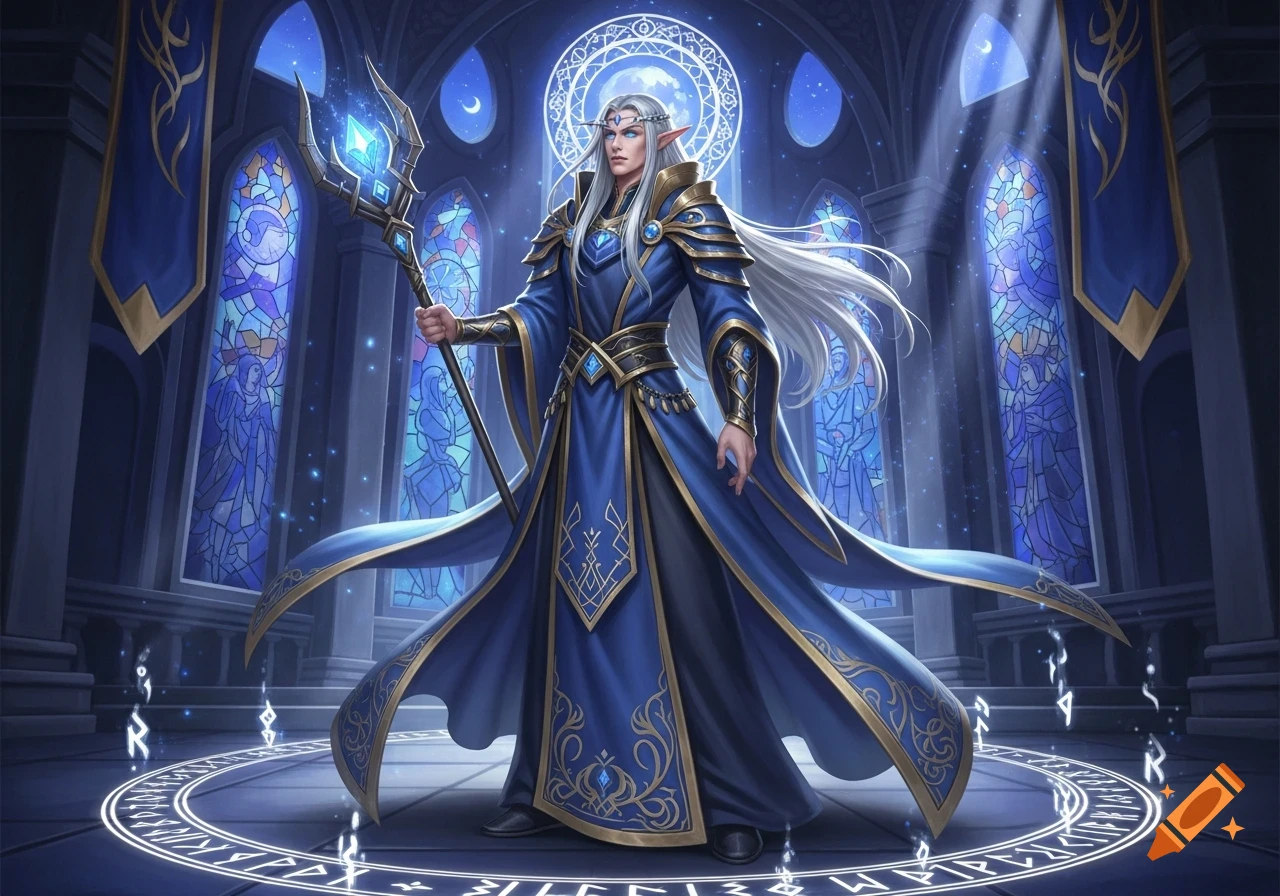 A regal male high elf cleric in a blue and gold robe stands in a grand hall with stained glass windows and a glowing runic circle on the floor, holding a staff.
