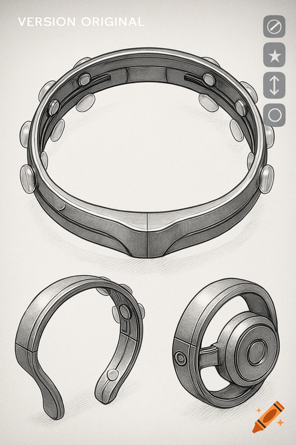 Black-and-white technical drawing of a futuristic metallic headband shown in top-down, side, and close-up views.
