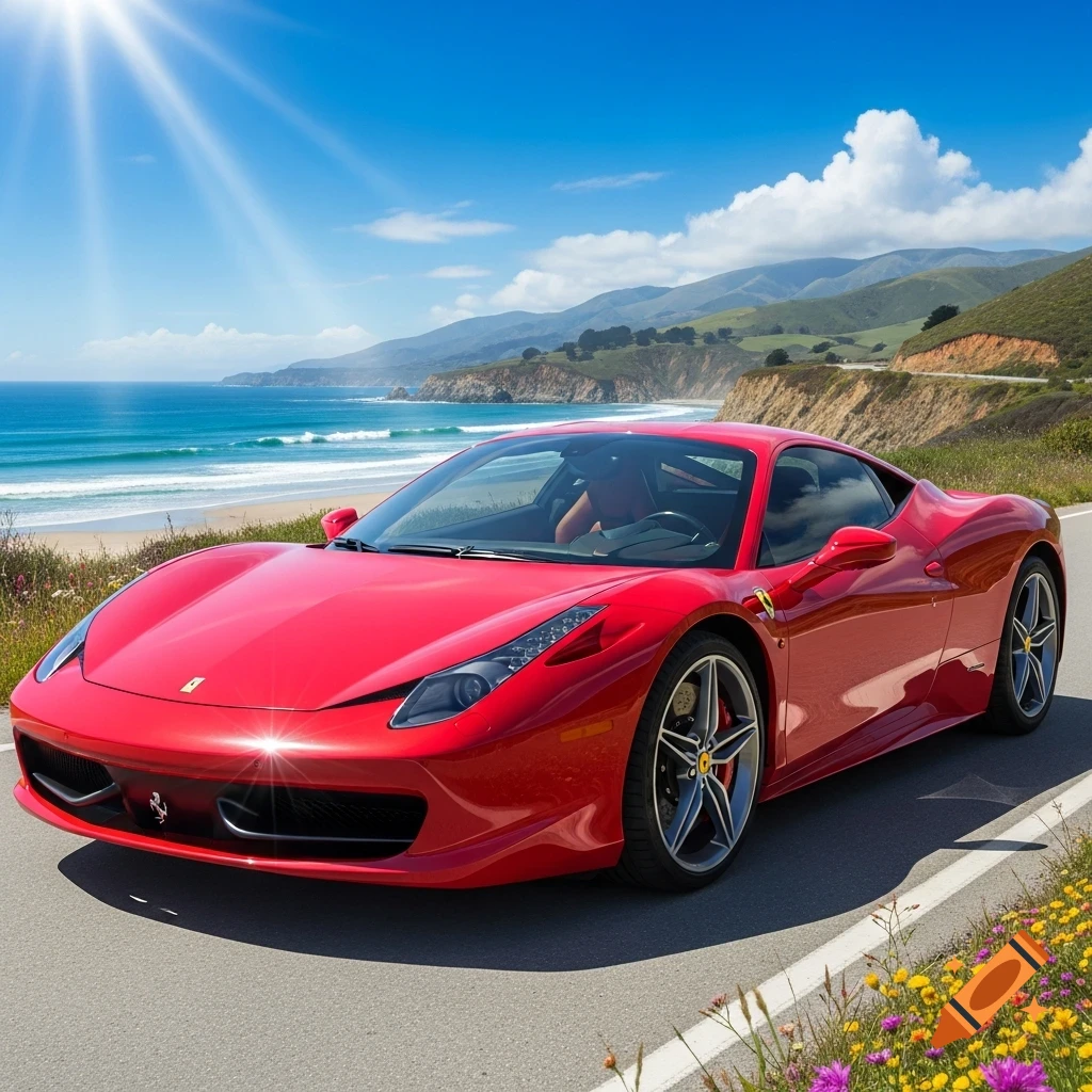A bright red Ferrari sports car sits on a sunny coastal road overlooking a blue ocean with mountains in the background. Photorealistic.