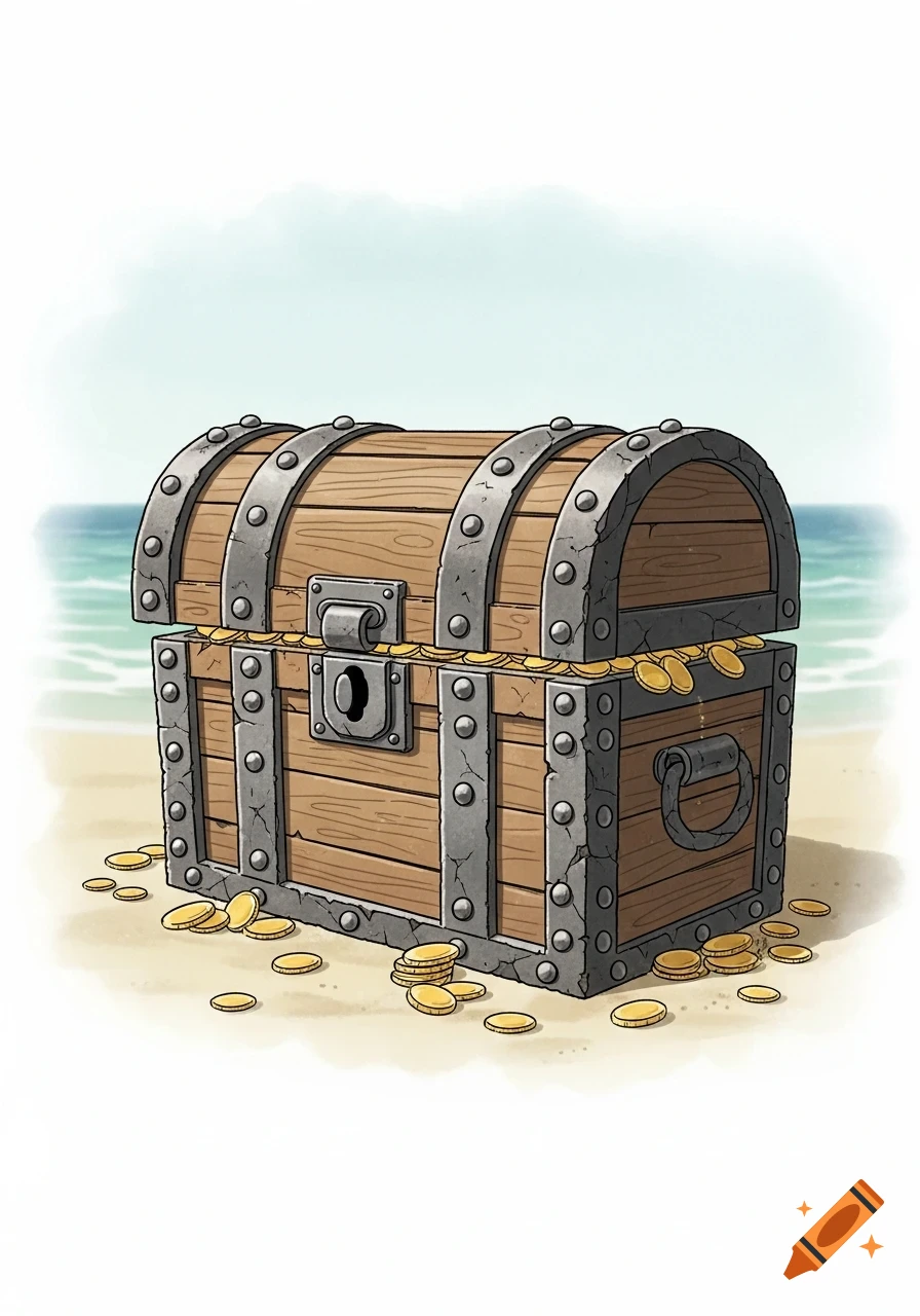 A wooden treasure chest with metal bands sits on a sandy beach, spilling gold coins, in a cartoon style.