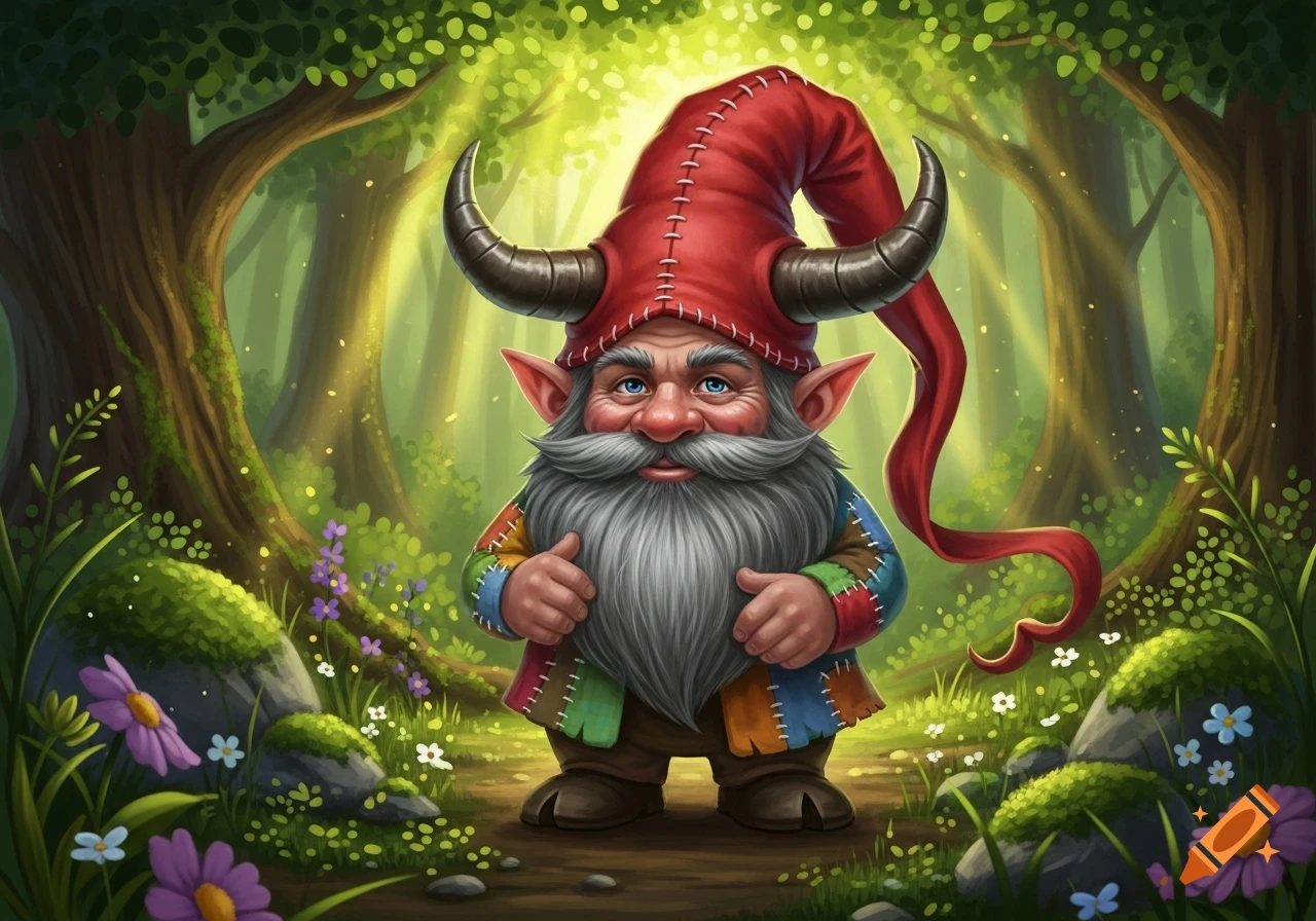 A friendly gnome with a long white beard, wearing a red pointy hat with horns and a colorful patched tunic, stands in a sunlit magical forest.