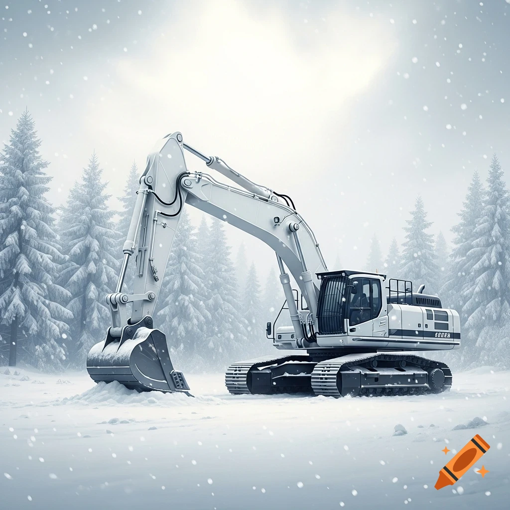 A white excavator with a large bucket sits in deep snow amidst a forest of snow-covered pine trees, with snowflakes falling.