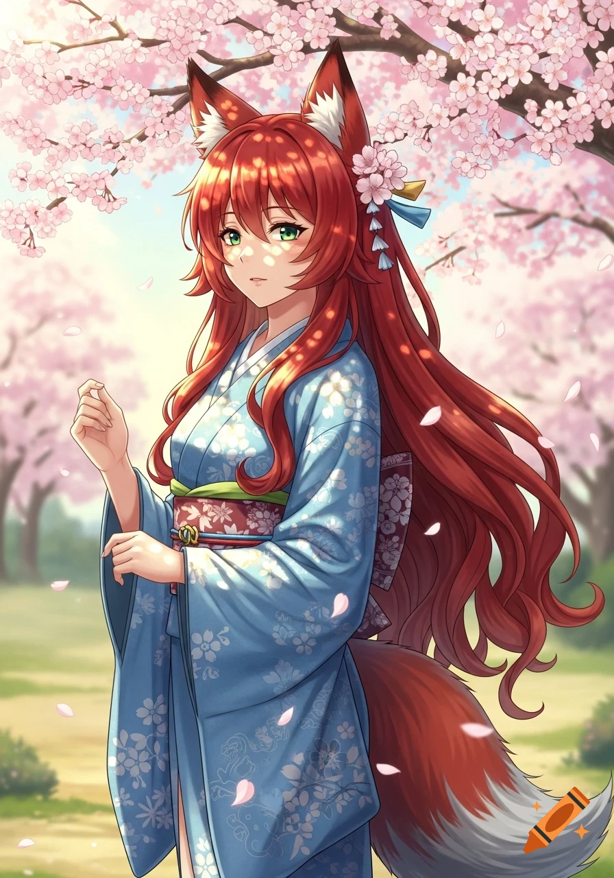 Anime kitsune girl with red hair, fox ears, and tail, wearing a blue kimono, standing under pink cherry blossoms.