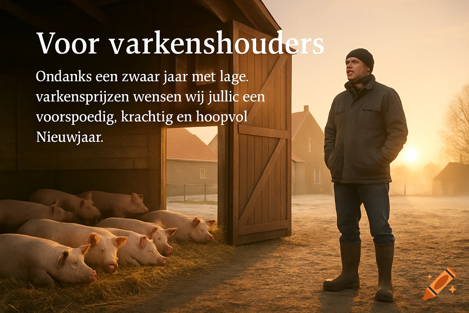 A farmer in a rural setting, standing next to a barn with pigs, with text overlay wishing a prosperous New Year.