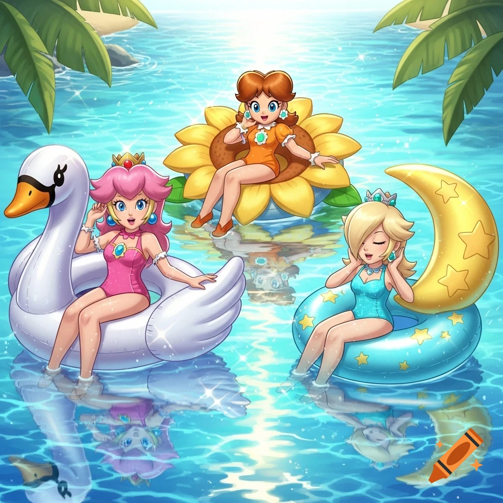 Princess Peach, Daisy, and Rosalina relax in swimsuits on swan, sunflower, and moon floaties in sparkling blue water.