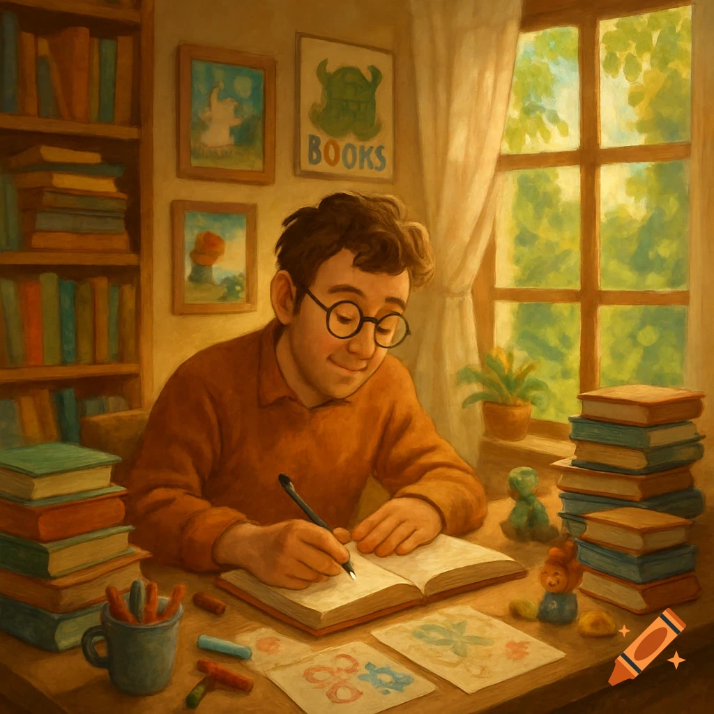 A man with glasses smiles while writing in a book at a desk, surrounded by stacks of books and art supplies, in a cozy room.