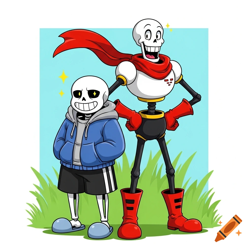 Cartoon illustration of Sans and Papyrus from Undertale standing on grass with a blue sky background.