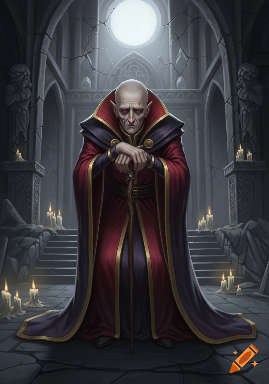 An old, gaunt vampire in a regal red cloak, hunched on a cane, standing in a dark, candlelit gothic hall under a full moon.
