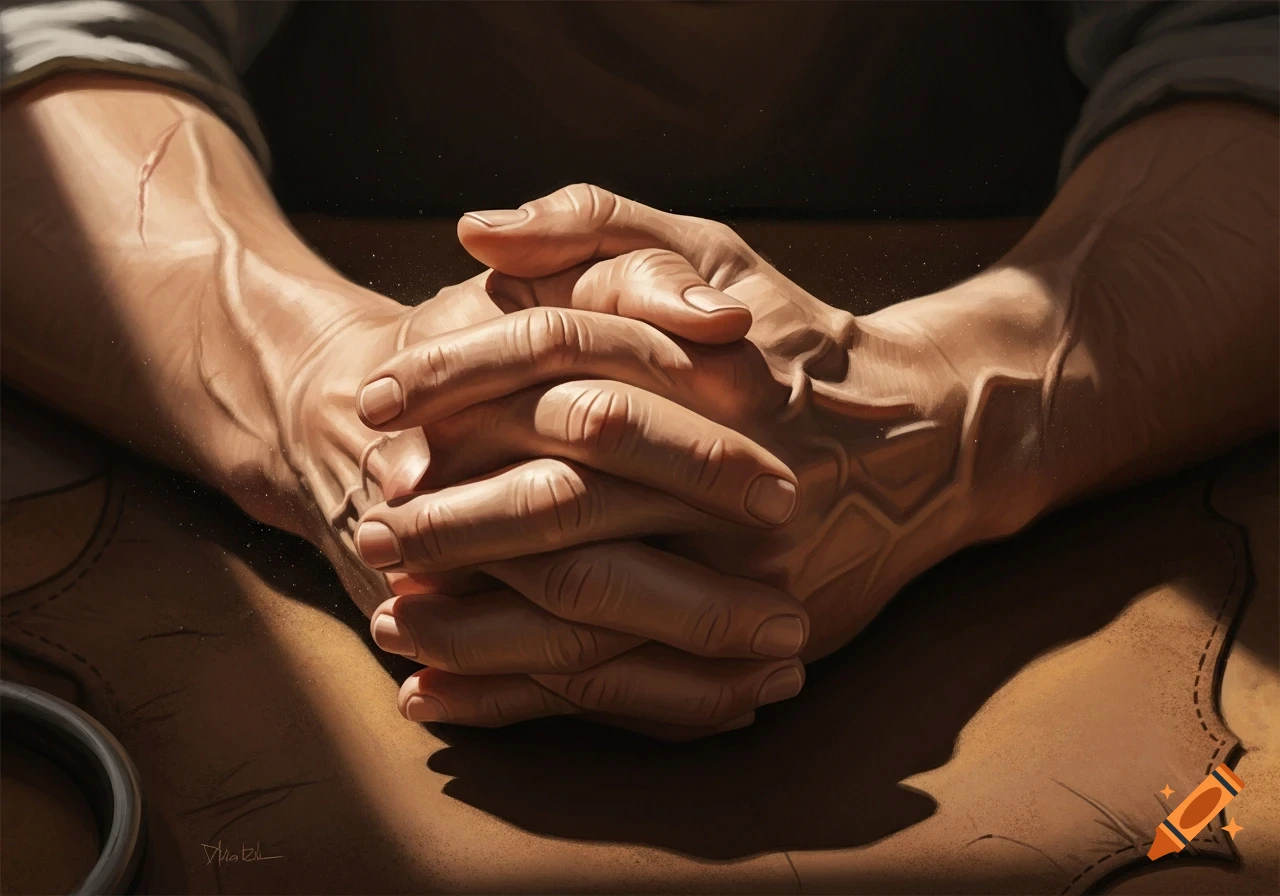 Close-up realistic painting of two strong, veiny hands clasped together on a brown surface, lit by sunlight.