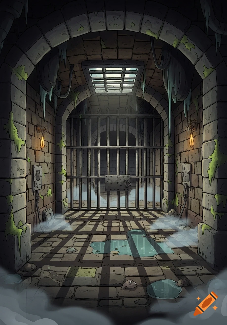 A stylized medieval dungeon cell with stone walls covered in moss, a barred gate, and puddles on the floor, lit by skylight and lanterns.