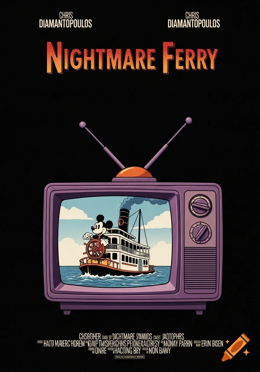 A retro-style movie poster with a purple 80s TV showing Mickey Mouse on a steamboat. The title 'Nightmare Ferry' is above the TV.