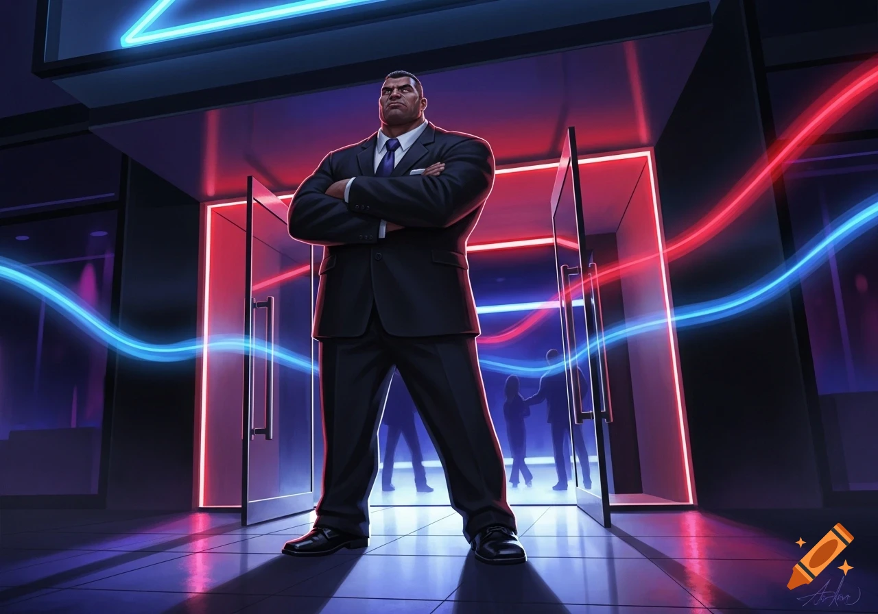 A muscular bouncer in a suit stands with arms crossed at a neon-lit nightclub entrance with blue and red lights.