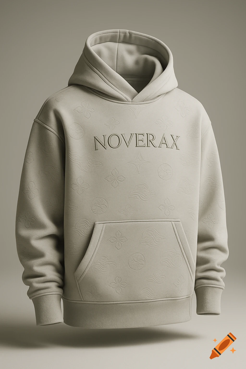 A light grey oversized hoodie with subtle embossed patterns and 'NOVERAX' embroidered on the chest, studio shot.