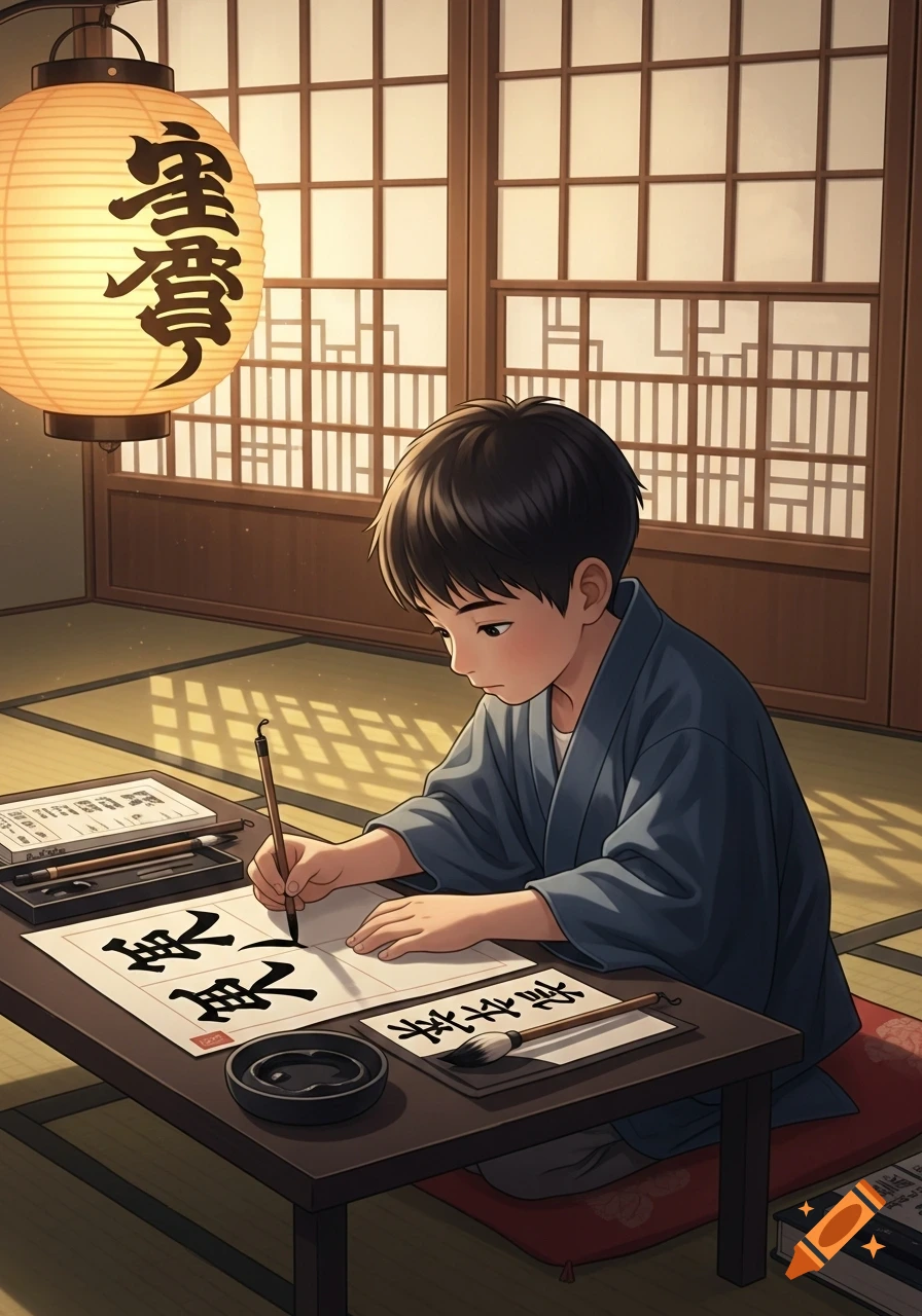 A young Japanese boy in traditional attire practices calligraphy with a brush and ink on paper in a traditional room.