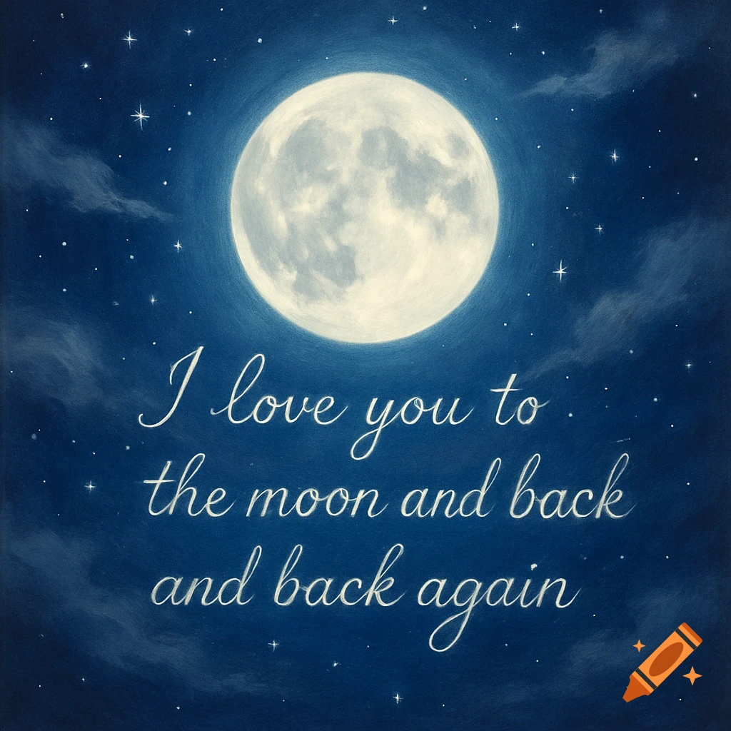 A full moon in a dark blue starry night sky with white cursive text reading 'I love you to the moon and back and back again'.