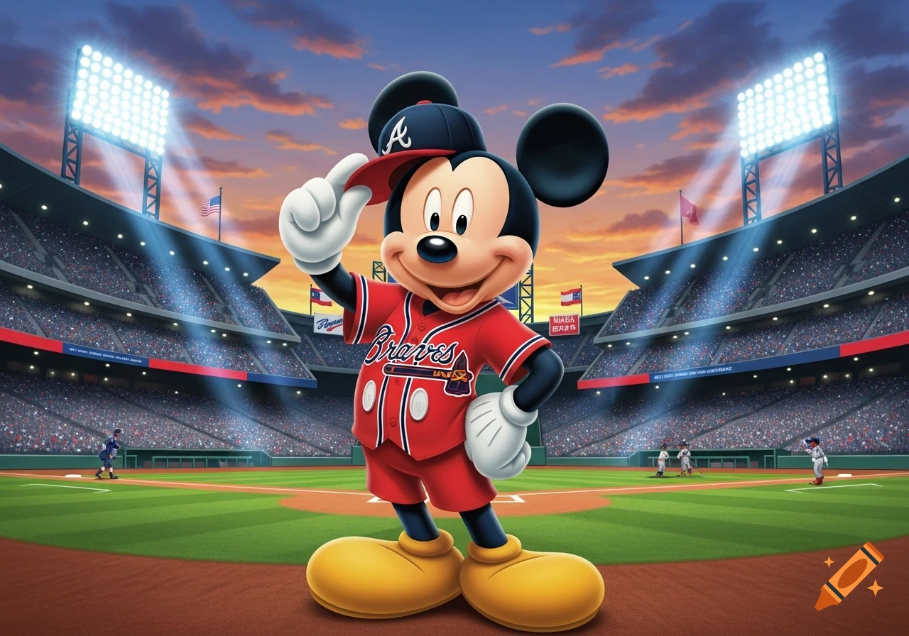 Mickey Mouse in a red Atlanta Braves baseball uniform stands on a baseball field in a stadium under a sunset sky. He tips his cap with a smile.