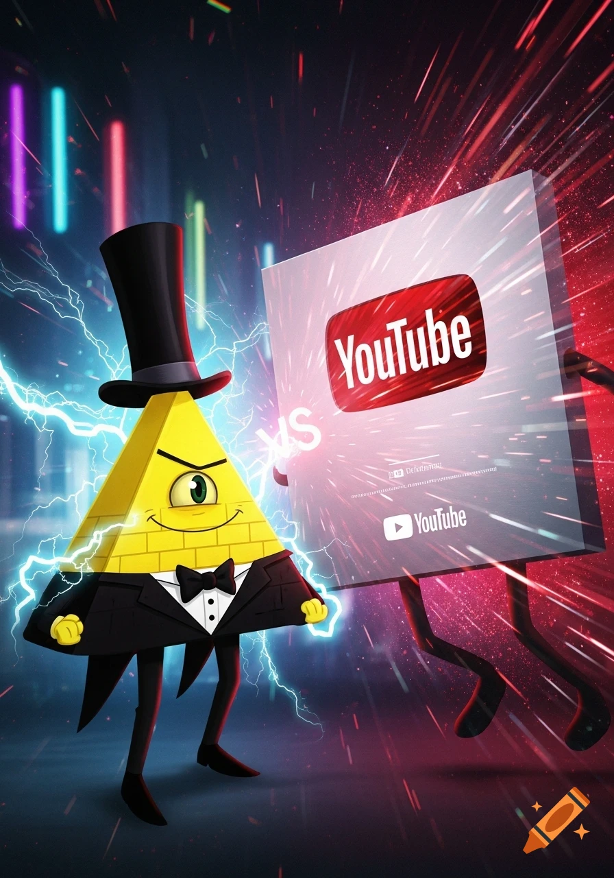 Bill Cipher in a top hat and tuxedo faces off against a YouTube play button, both surrounded by electric energy in a vibrant, neon-lit cartoon style.