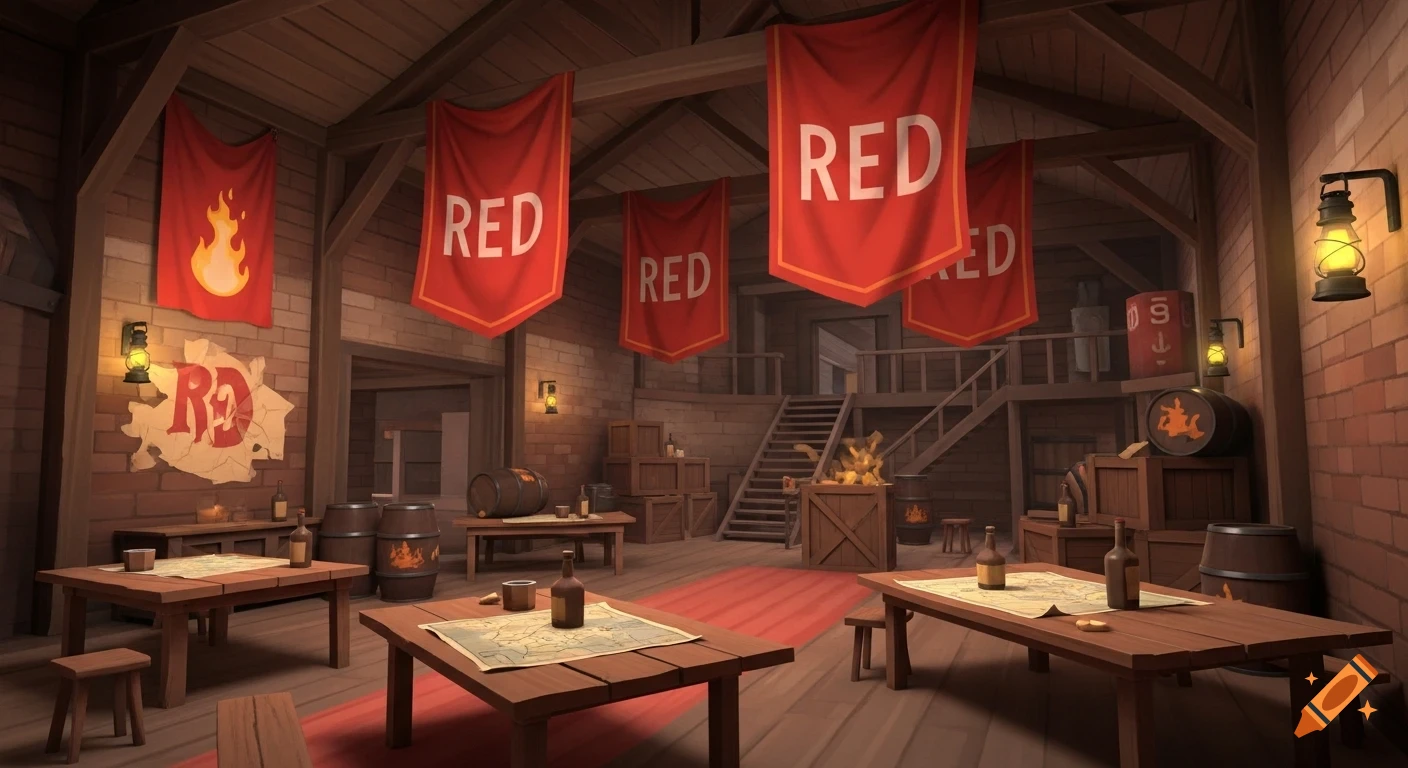 Team Fortress 2-style RED base interior with red banners, wooden tables, barrels, and warm lantern light.