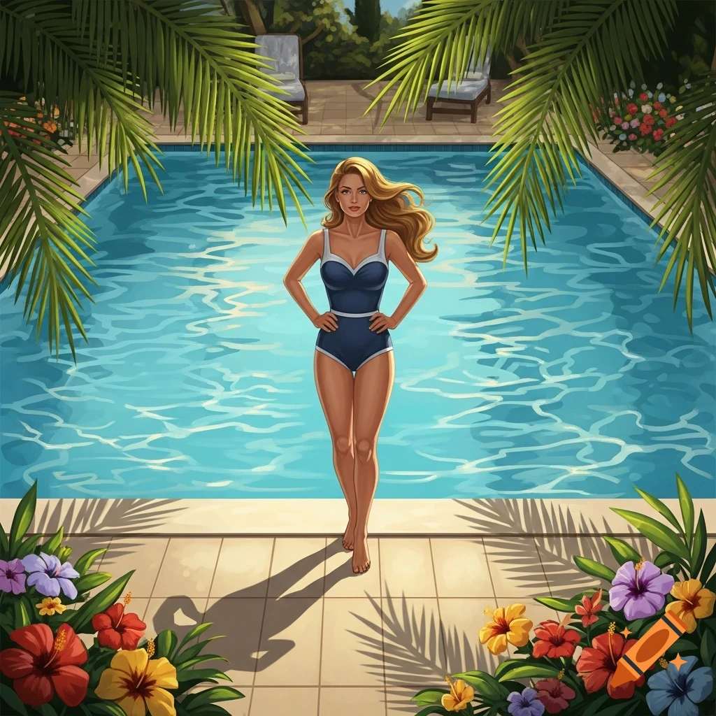 An illustrated woman in a blue swimsuit stands poolside, surrounded by palm fronds and hibiscus flowers.