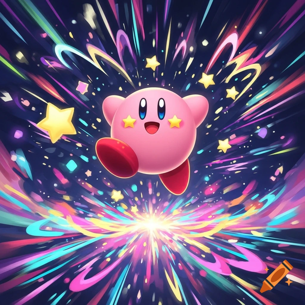 Kirby floats happily amidst an explosion of colorful light rays and bright stars on a dark background.