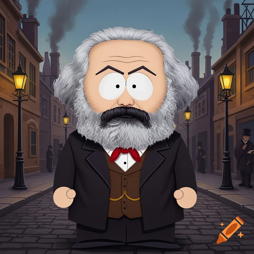 Cartman from South Park dressed as Karl Marx, with a white beard and mustache, stands on a cobblestone street with old buildings.