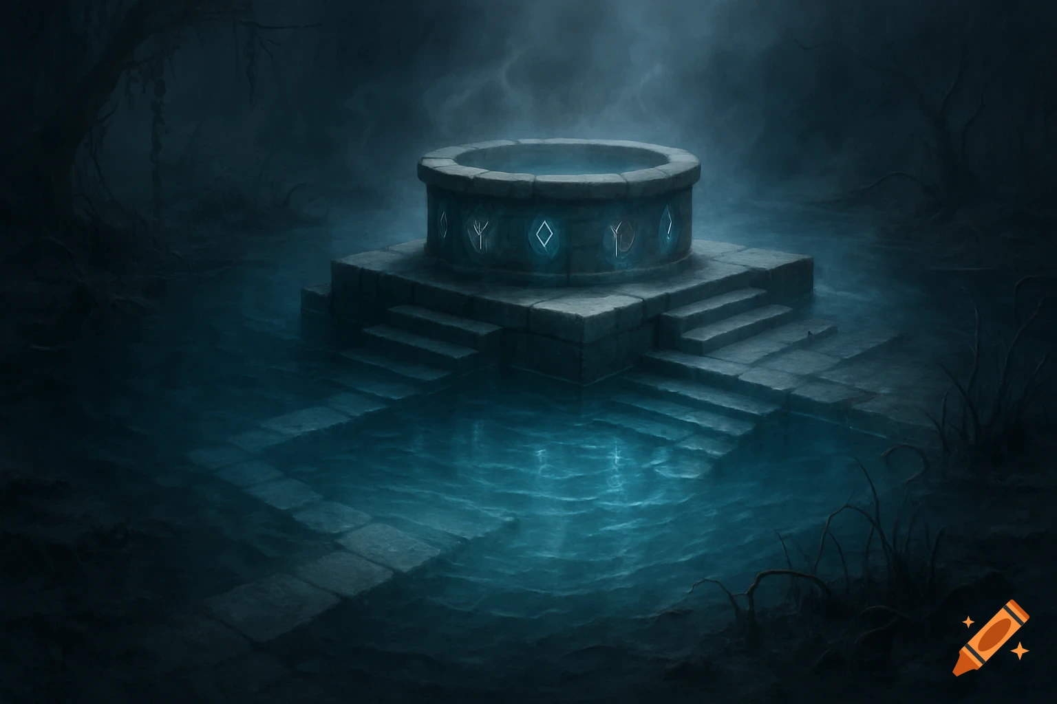 A stone well with glowing blue runes sits on a platform in a dark, misty bog with clear blue water.