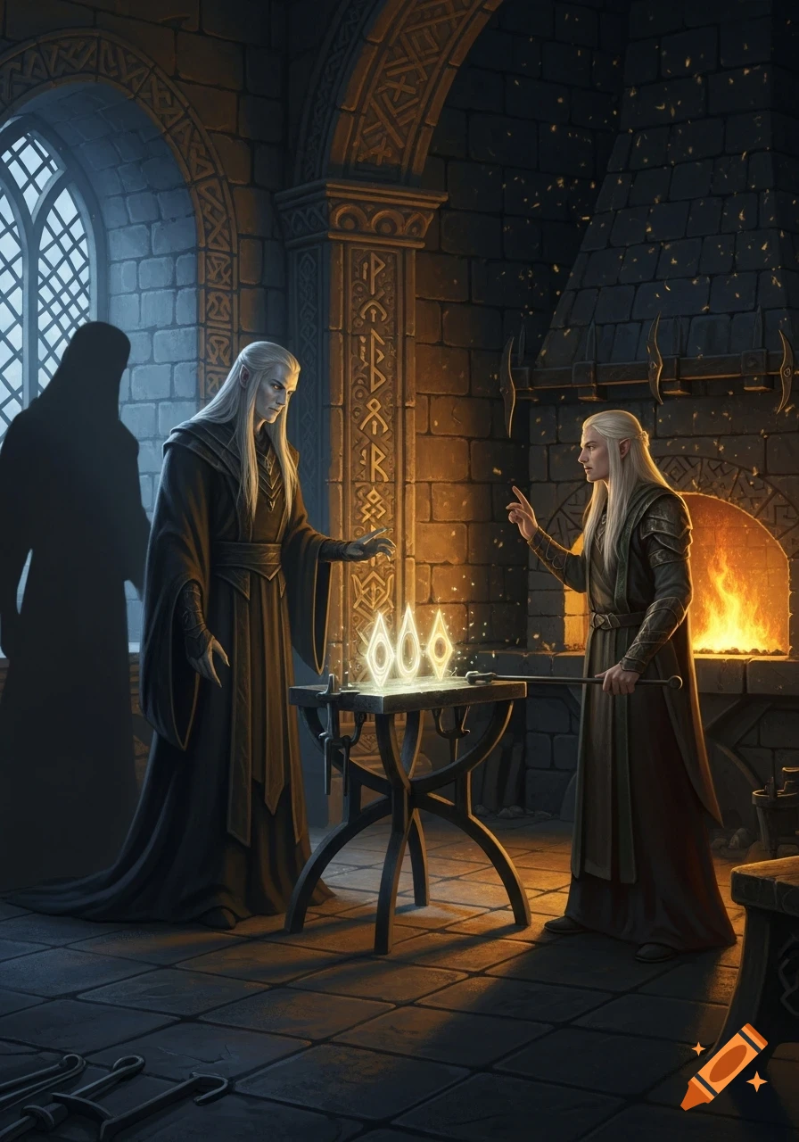 Two long-haired elves, one in dark robes and one in armor, stand in a stone forge with a glowing furnace, examining three luminous jewels.