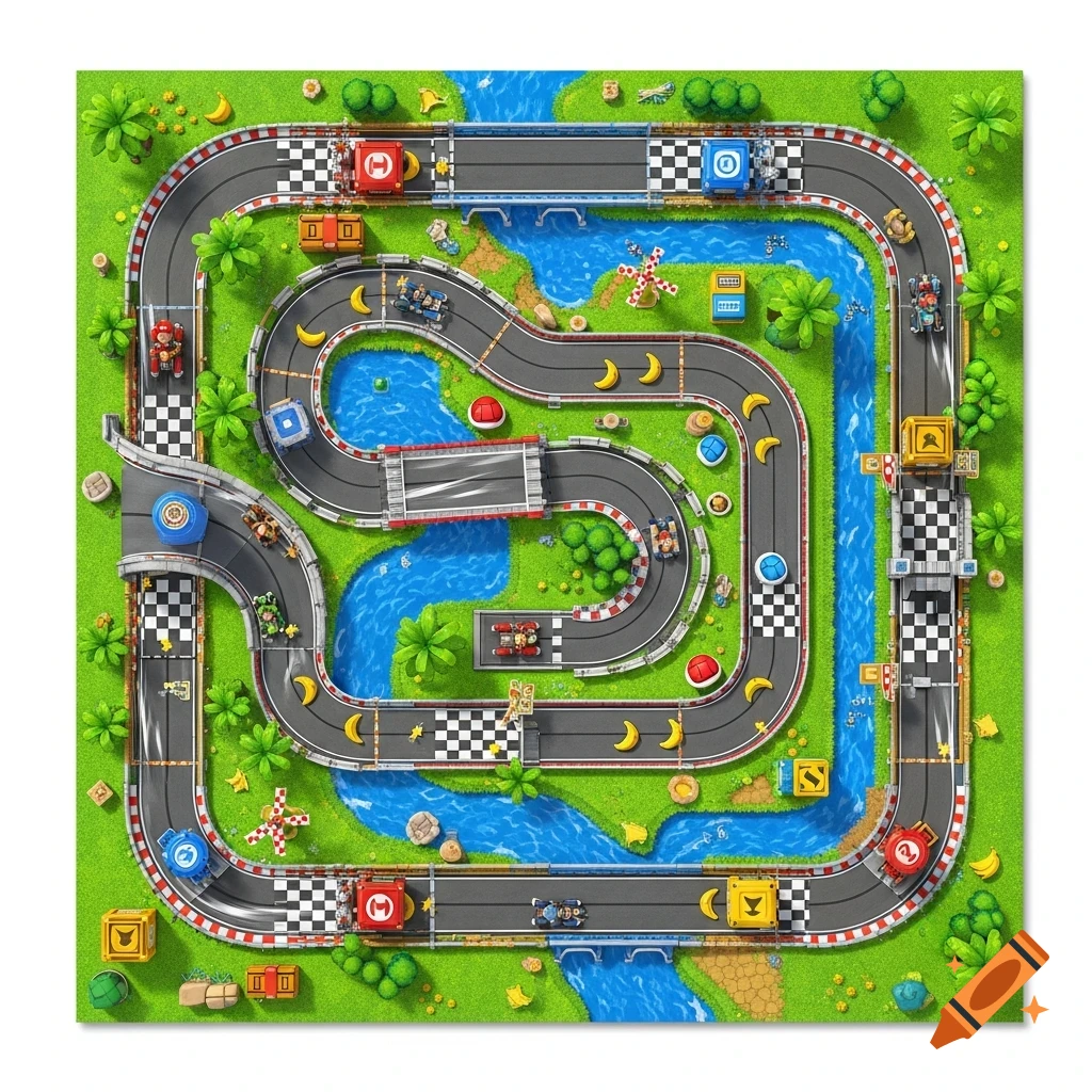 An overhead view of a vibrant Mario Kart-style race track, winding through green grass with rivers, bridges, banana peels, and small race cars.