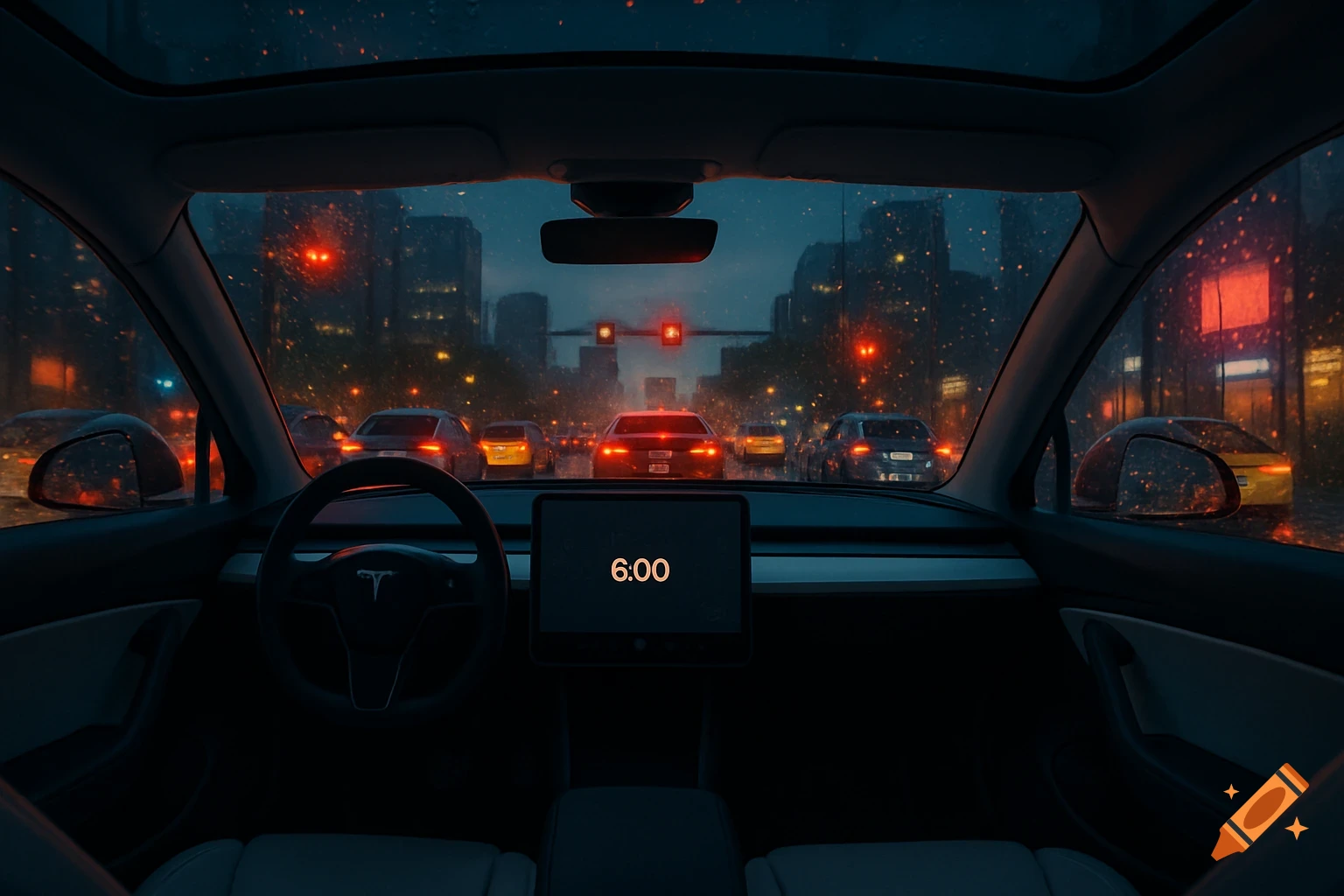 Photorealistic view from inside a Tesla, stuck in rainy city traffic at night, with the central screen displaying 6:00.