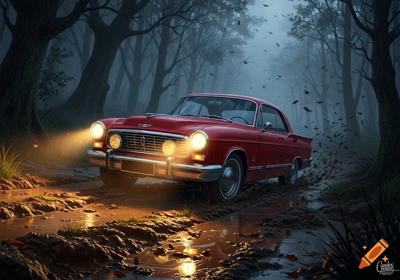 A red vintage car with illuminated headlights is stuck in a muddy forest path under a misty sky with falling leaves.