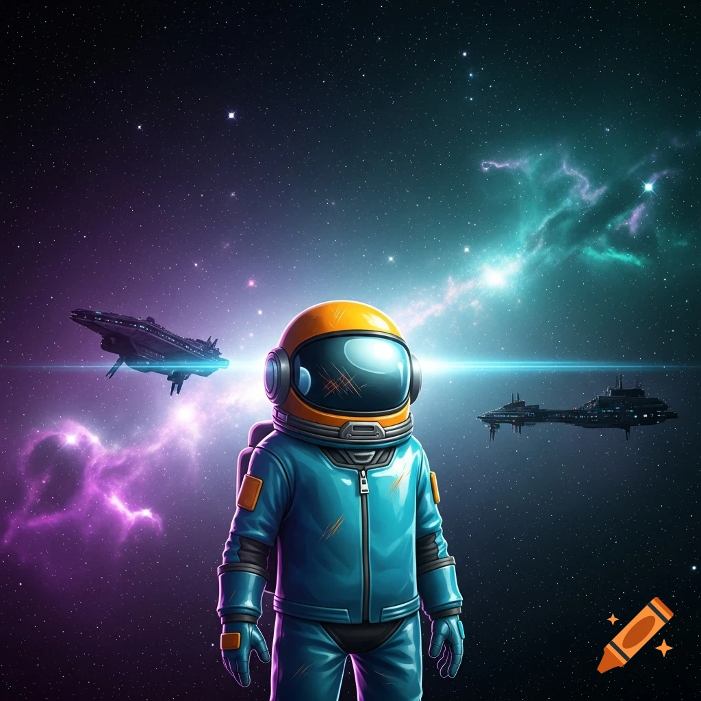 A stylized astronaut in a blue and orange suit stands in deep space, with colorful nebulae, stars, and two spaceships.