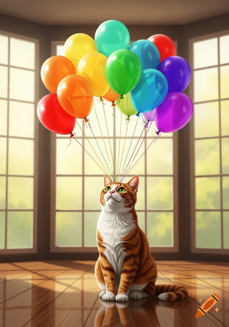 Ginger and white cat sits on a wooden floor, looking up at a large bunch of colorful balloons in a sunlit room.