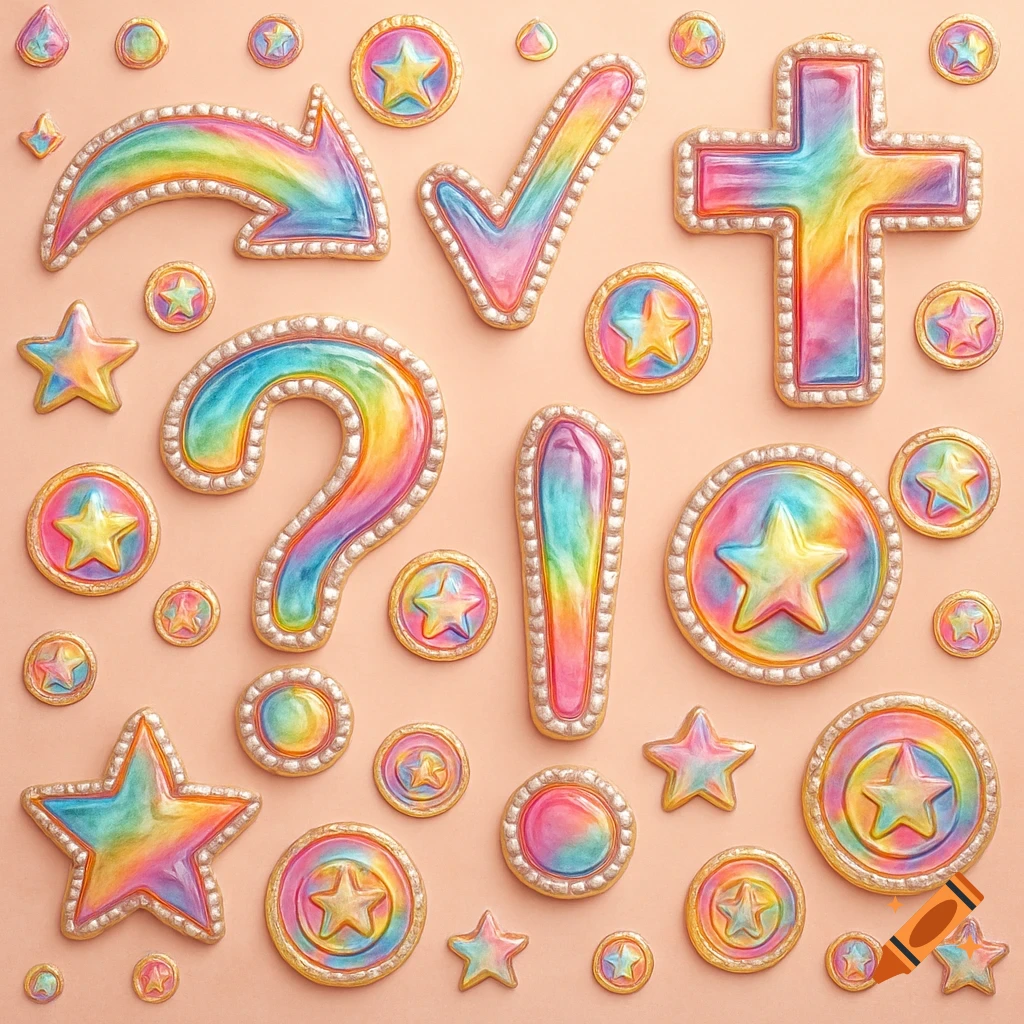 A collection of rainbow-colored, pearl-edged symbols including an arrow, checkmark, cross, question mark, exclamation mark, and stars, arranged on a peach background.