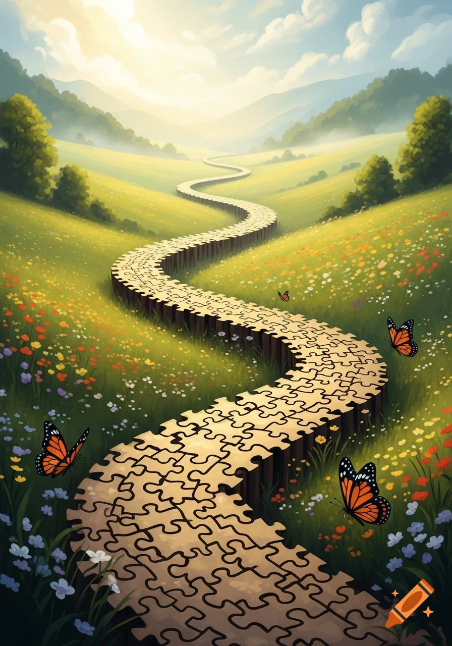A whimsical path made of puzzle pieces winds through a vibrant green valley filled with colorful wildflowers and butterflies under a bright, cloudy sky.