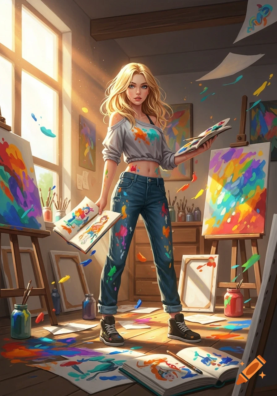 Blonde female artist covered in colorful paint, holding a sketchbook and palette in a sunlit art studio, digital art.