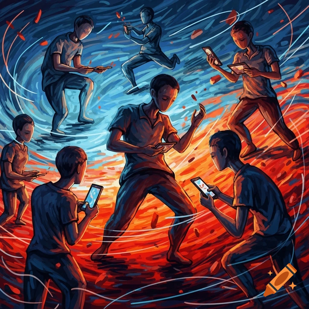 Abstract, impressionistic art showing several stylized figures engrossed in their smartphones across a vibrant red and blue background.