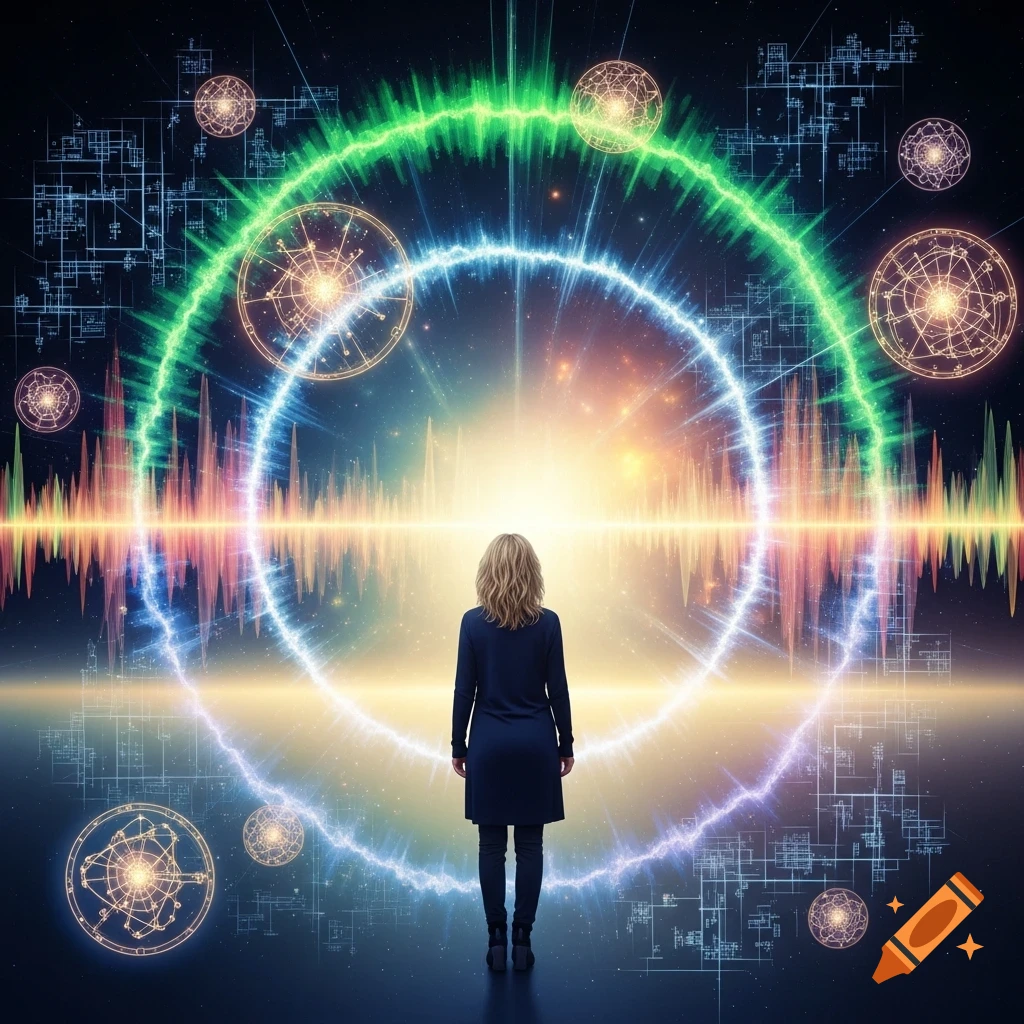 A woman stands with her back to the viewer, gazing at a glowing, abstract futuristic scene with colorful energy rings, frequency waves, and intricate diagrams.