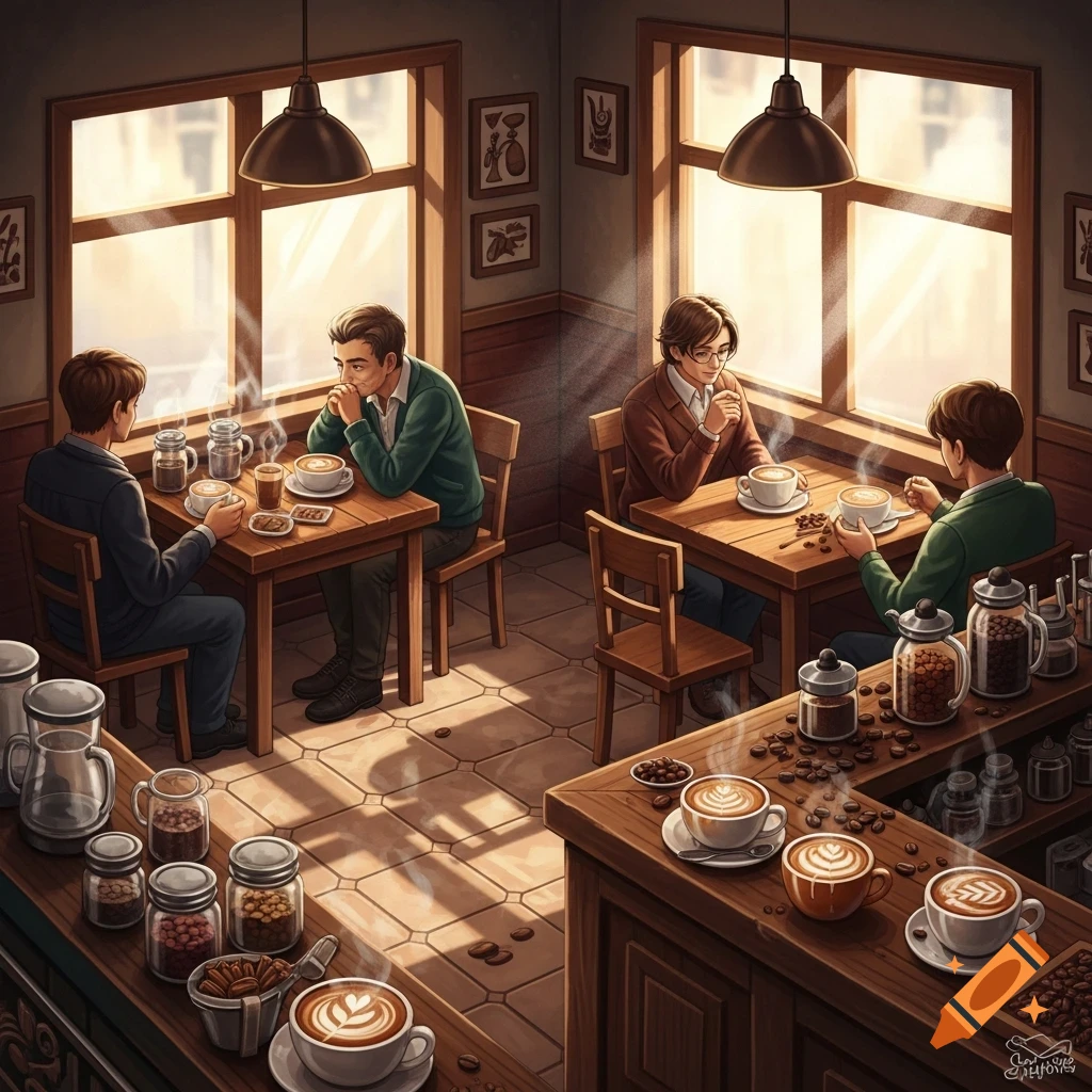 An overhead view of men drinking coffee at tables in a cozy coffee shop, with a counter full of coffee supplies.