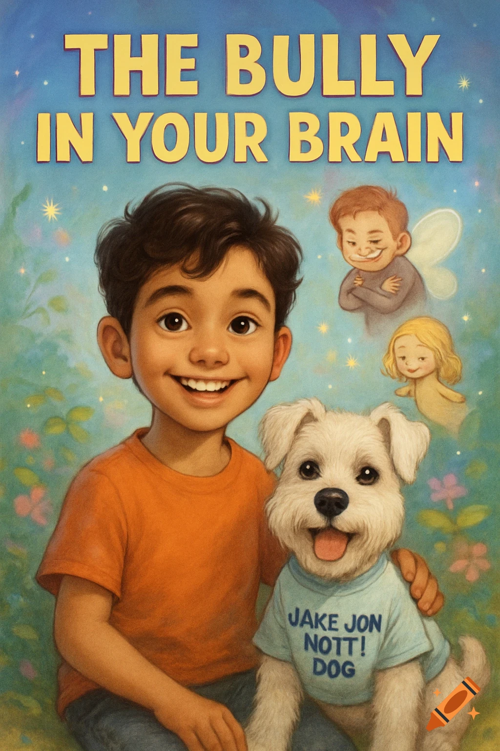 A smiling mixed-race boy sits next to a happy white Schnauzer wearing a blue shirt with "JAKE JON NOTT! DOG" on it. Above them, two small fairy-like figures float. The title "THE BULLY IN YOUR BRAIN" is at the top against a whimsical, light blue background.