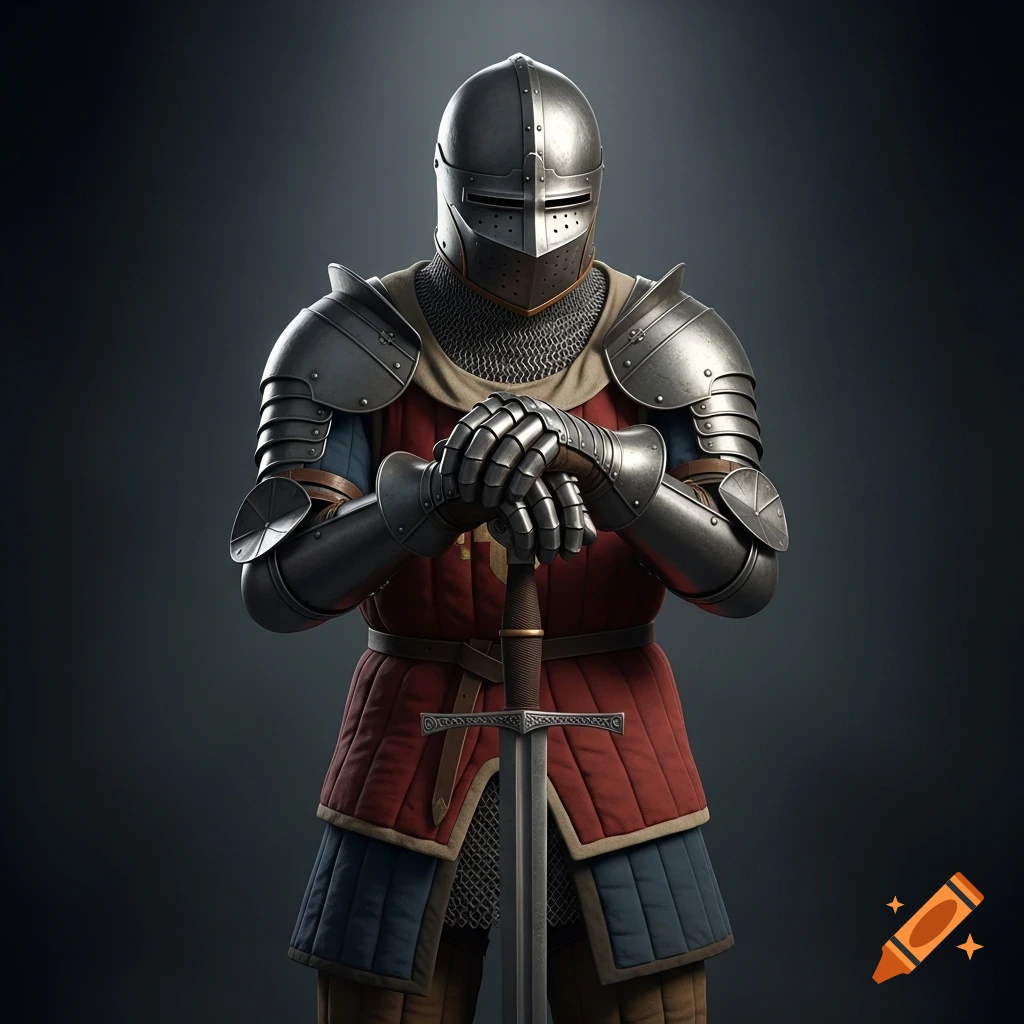 A realistic full-body portrait of a medieval knight in heavy armor, hands clasped on a sword, against a dark background.