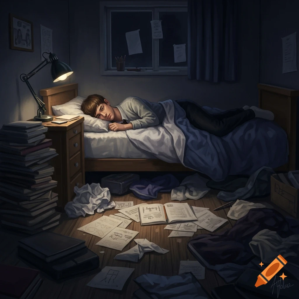 A young man lies on his bed in a messy, dimly lit room, surrounded by scattered books, papers, and clothes.