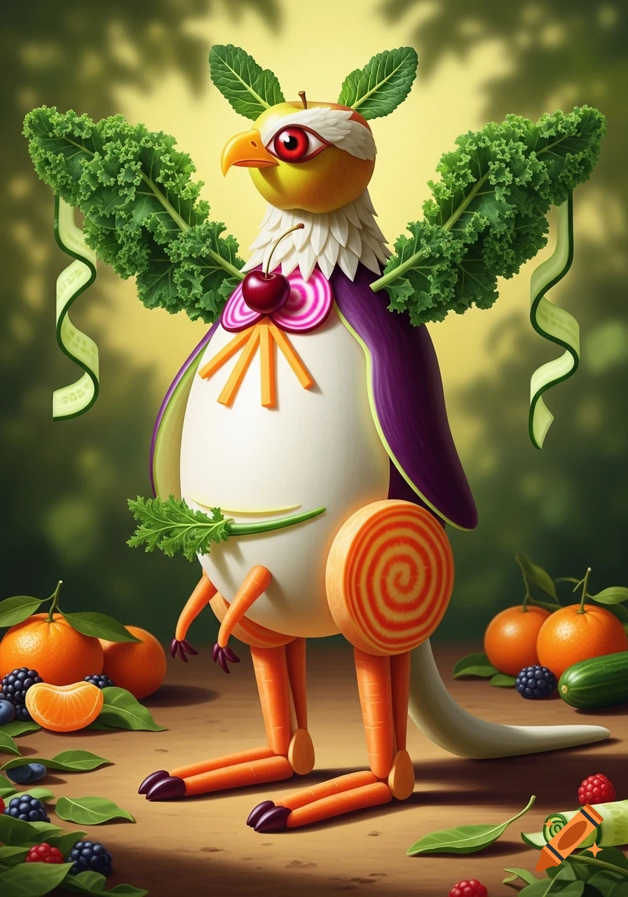 A whimsical creature made of colorful fruits and vegetables, featuring an eagle-like head, a penguin-shaped body, and kangaroo legs, standing outdoors.
