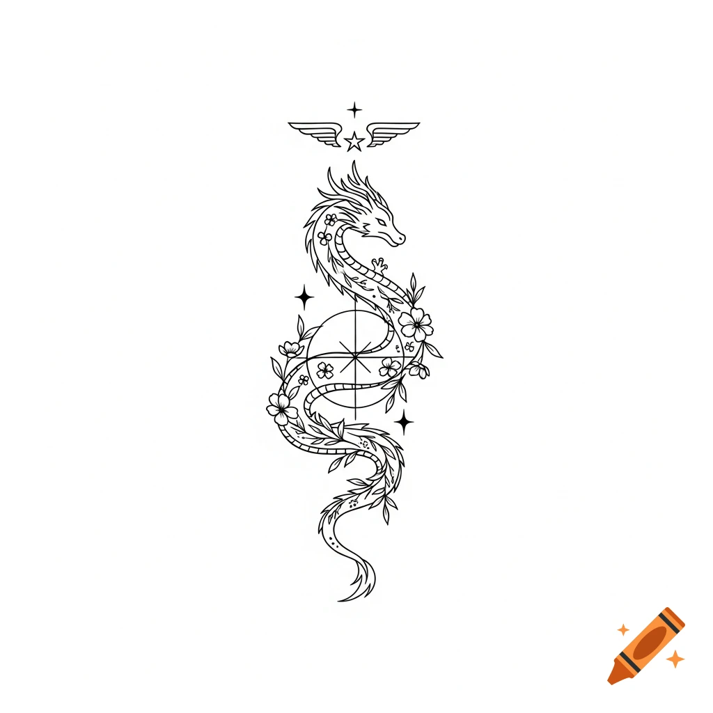 Black line art tattoo design featuring an elegant dragon coiled around a circular compass, adorned with flowering vines and a winged star.