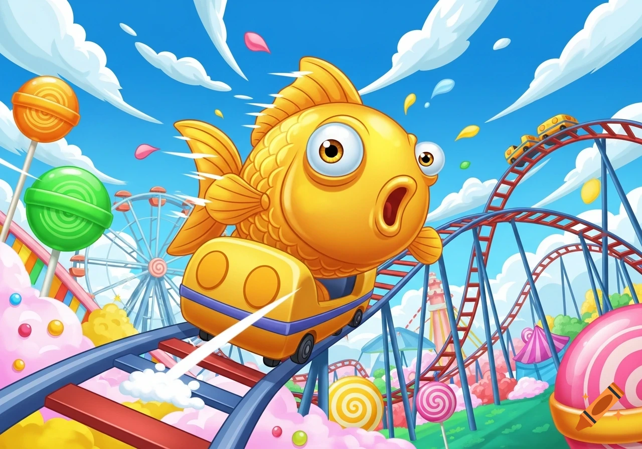 A cartoon goldfish with big eyes screams while riding a yellow rollercoaster car through a colorful candy-themed amusement park.