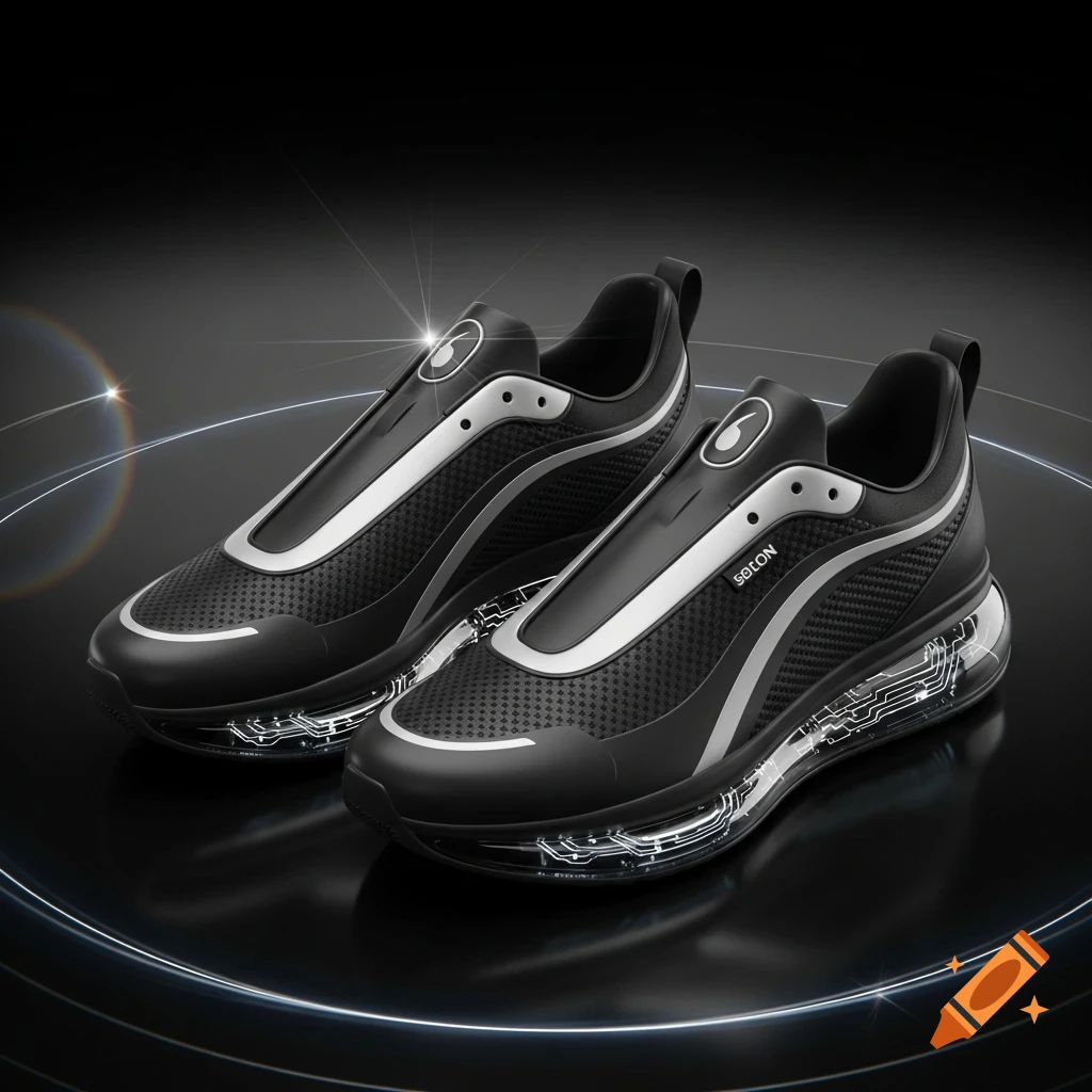 A close-up of two black and silver futuristic sneakers with circuit board designs on their translucent soles, against a dark background.