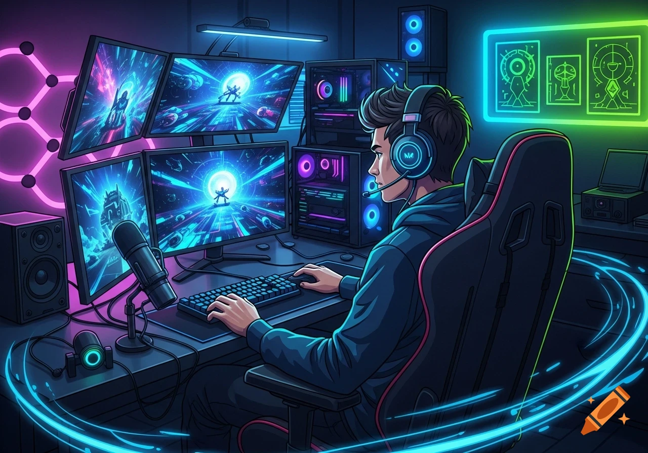 Anime-style gamer wearing headphones at a multiple-monitor setup with neon lights.