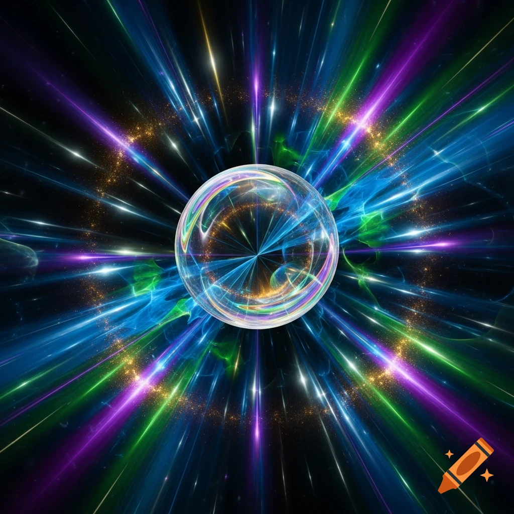 A vibrant abstract image featuring a central glowing orb surrounded by an explosion of blue, green, and purple light rays.