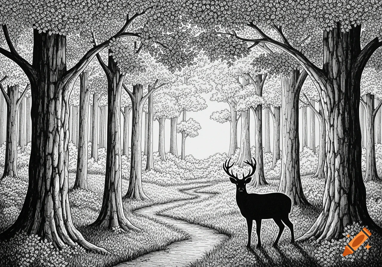 Black and white marker sketch of a deer standing on a winding path through a dense forest.