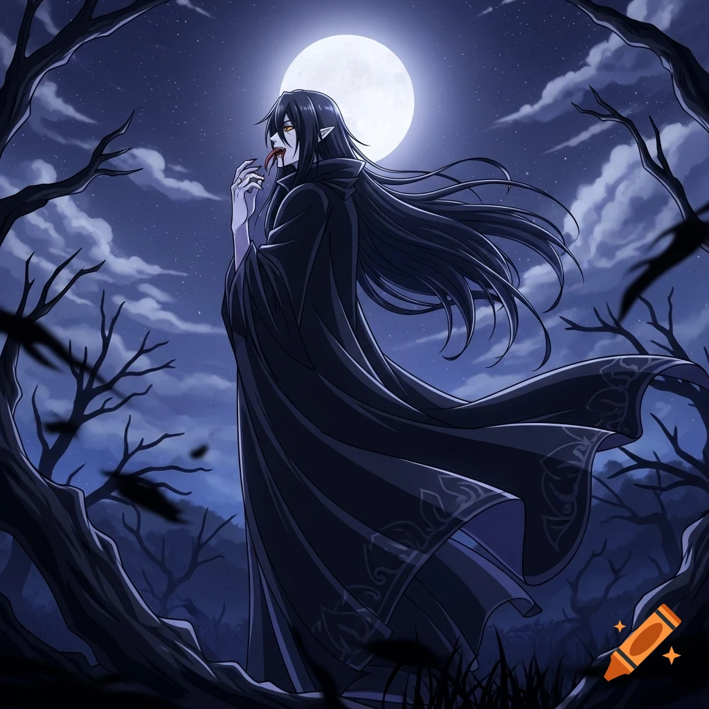 An anime vampire male in a dark cloak licks his bloody lips under a full moon in a spooky forest.