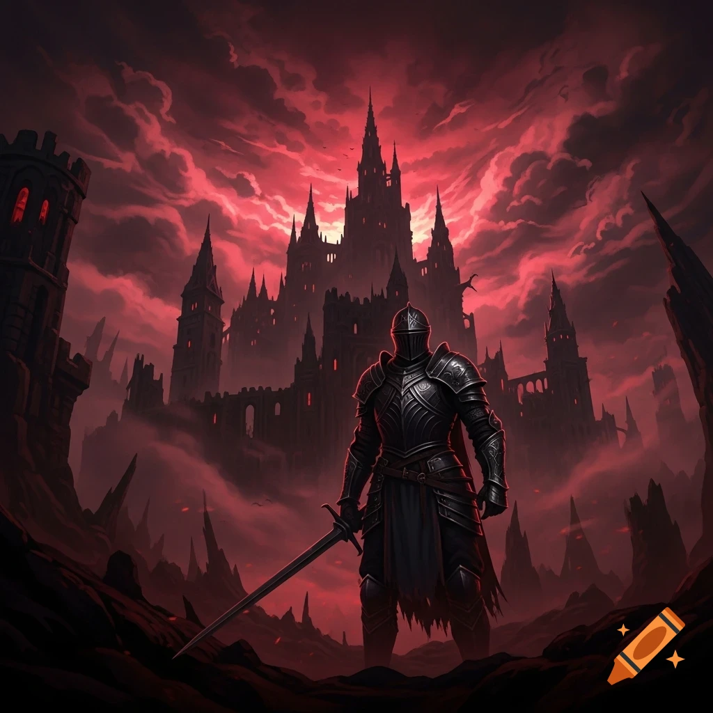 A dark knight in full armor stands before a sprawling gothic castle under a crimson, stormy sky in dark fantasy art.